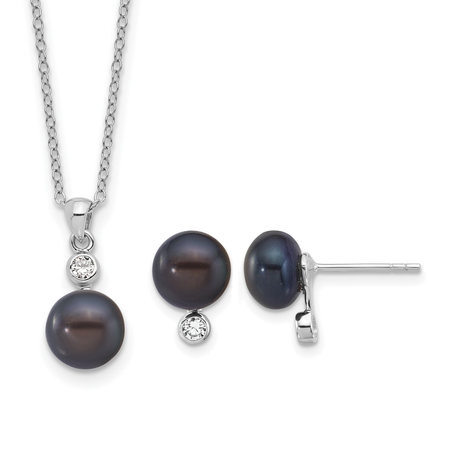 Sterling Silver Rhodium-plated 8-9mm Black Button Freshwater Cultured Pearl and CZ 17 inch Necklace and Post Earrings Set