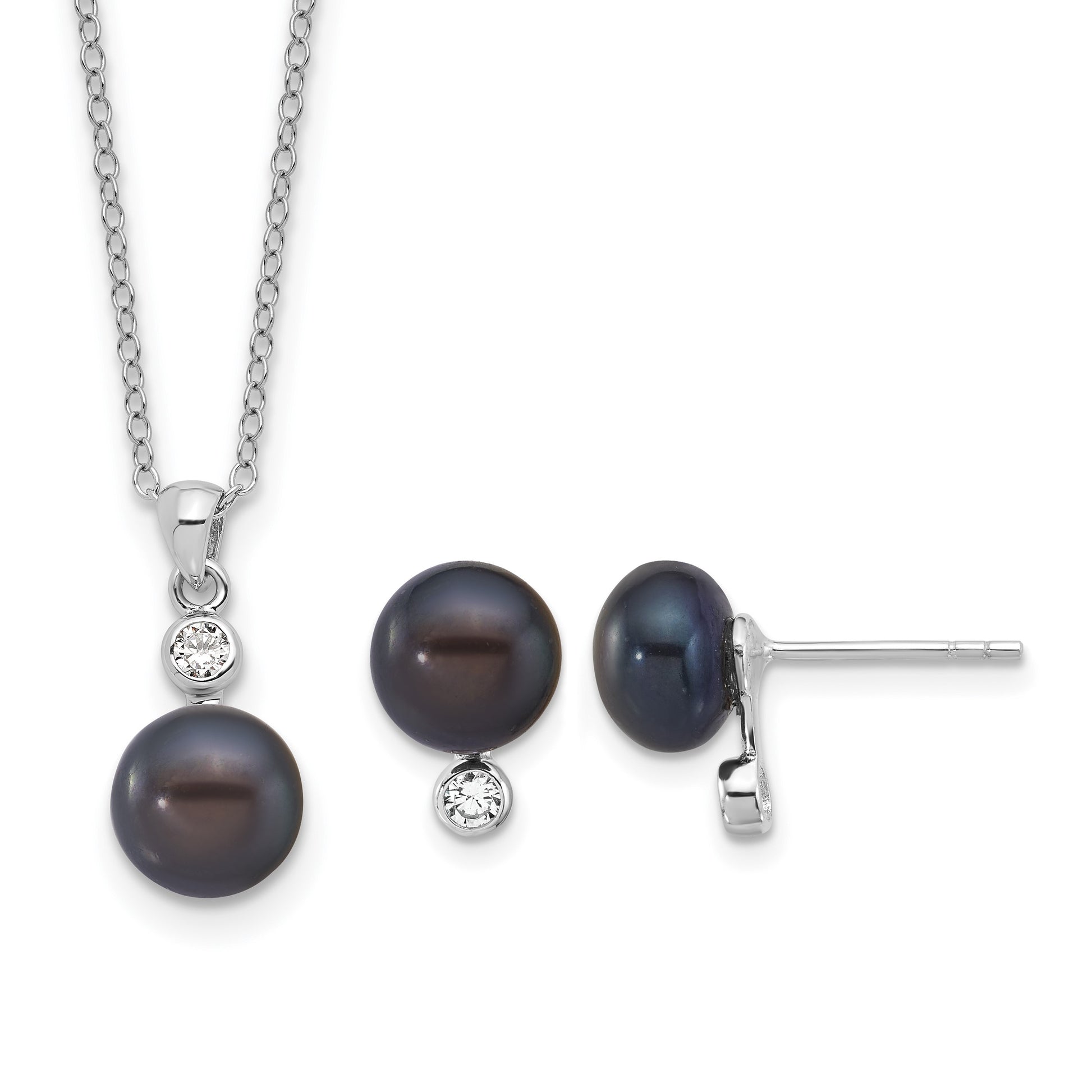 Sterling Silver Rhodium-plated 8-9mm Black Button Freshwater Cultured Pearl and CZ 17 inch Necklace and Post Earrings Set