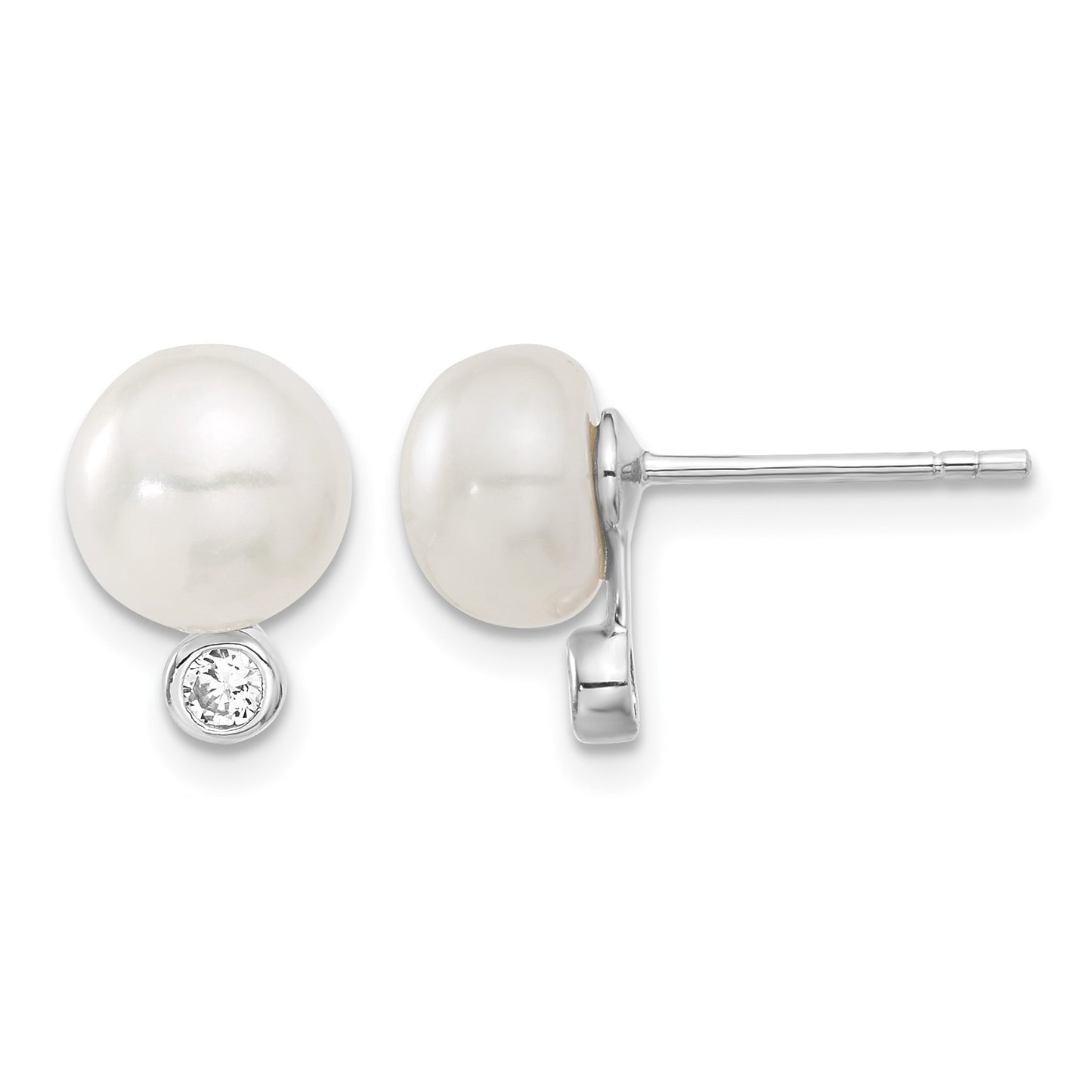 Sterling Silver Rhodium-plated 8-9mm White Button Freshwater Cultured Pearl and CZ 17 inch Necklace and Post Earrings Set