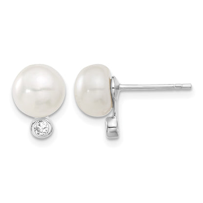 Sterling Silver Rhodium-plated 8-9mm White Button Freshwater Cultured Pearl and CZ 17 inch Necklace and Post Earrings Set