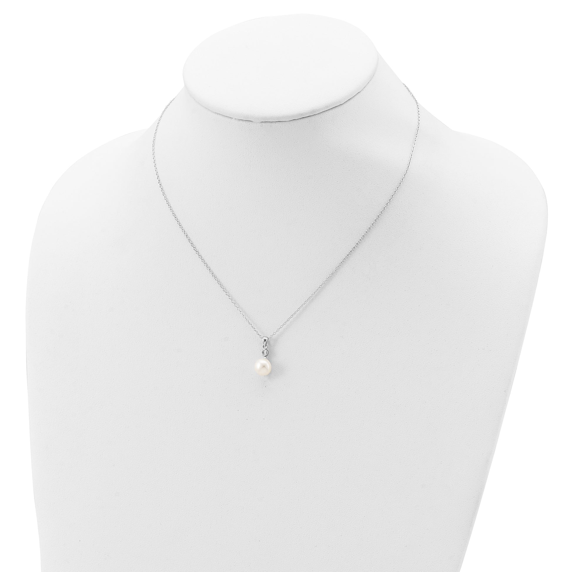 Sterling Silver Rhodium-plated 8-9mm White Button Freshwater Cultured Pearl and CZ 17 inch Necklace and Post Earrings Set