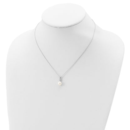 Sterling Silver Rhodium-plated 8-9mm White Button Freshwater Cultured Pearl and CZ 17 inch Necklace and Post Earrings Set