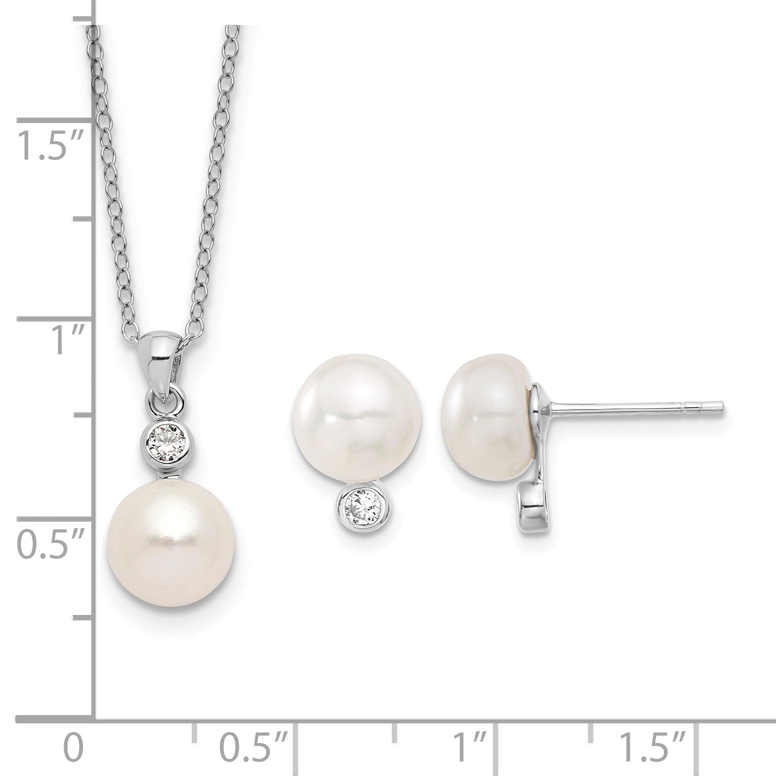 Sterling Silver Rhodium-plated 8-9mm White Button Freshwater Cultured Pearl and CZ 17 inch Necklace and Post Earrings Set