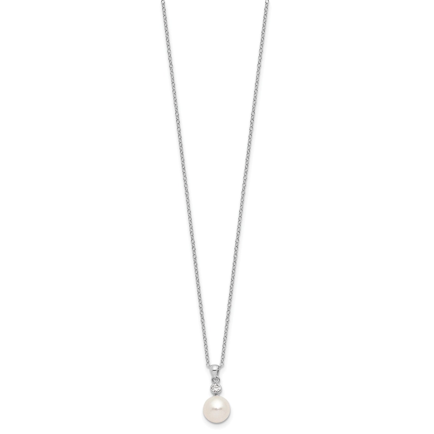 Sterling Silver Rhodium-plated 8-9mm White Button Freshwater Cultured Pearl and CZ 17 inch Necklace and Post Earrings Set