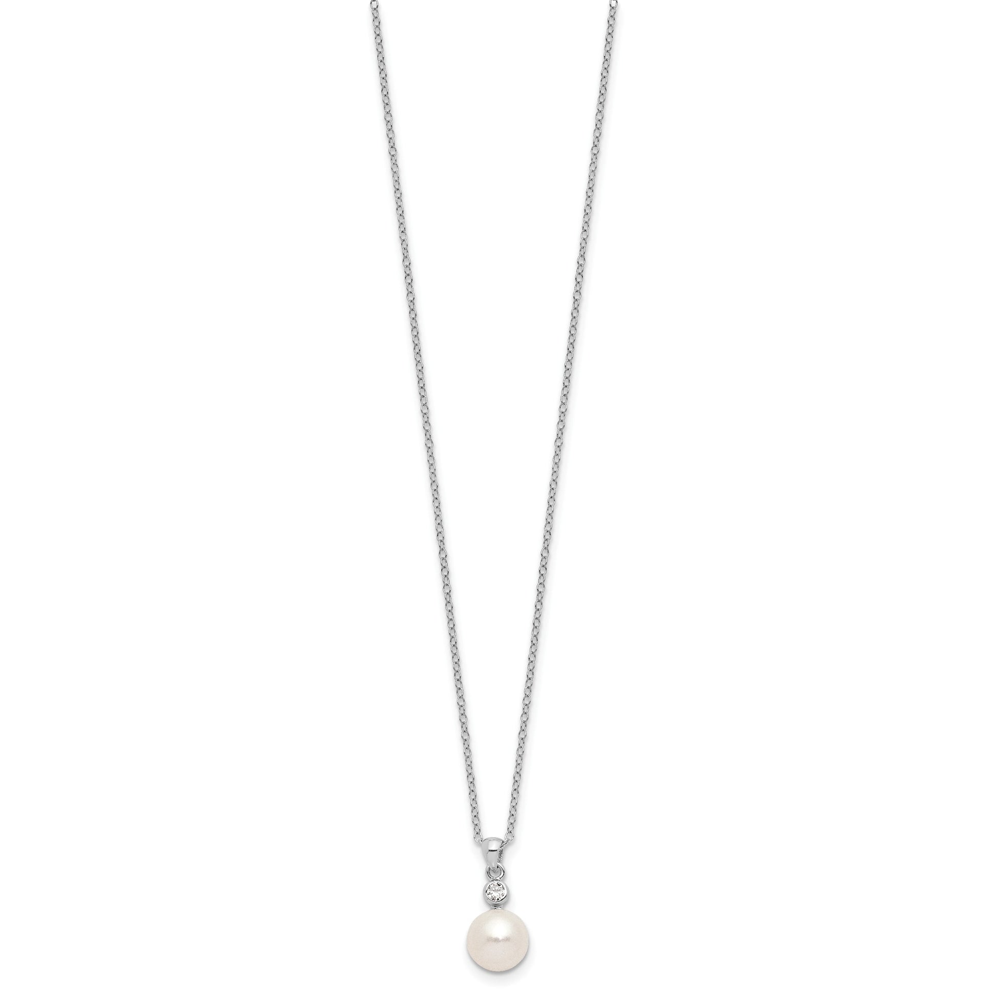Sterling Silver Rhodium-plated 8-9mm White Button Freshwater Cultured Pearl and CZ 17 inch Necklace and Post Earrings Set