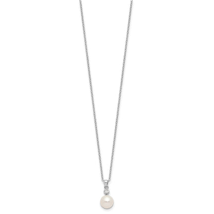 Sterling Silver Rhodium-plated 8-9mm White Button Freshwater Cultured Pearl and CZ 17 inch Necklace and Post Earrings Set