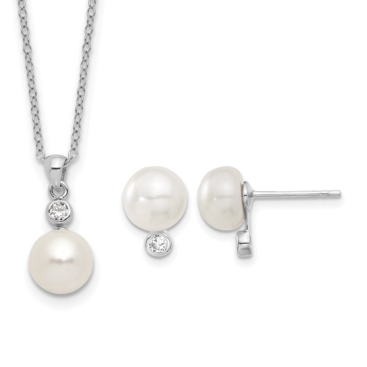 Sterling Silver Rhodium-plated 8-9mm White Button Freshwater Cultured Pearl and CZ 17 inch Necklace and Post Earrings Set