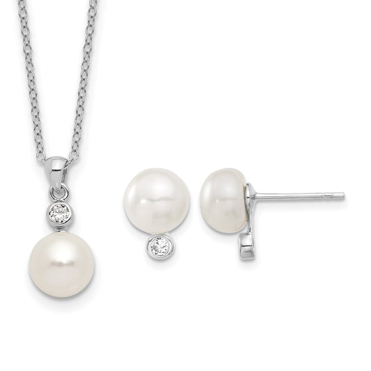 Sterling Silver Rhodium-plated 8-9mm White Button Freshwater Cultured Pearl and CZ 17 inch Necklace and Post Earrings Set