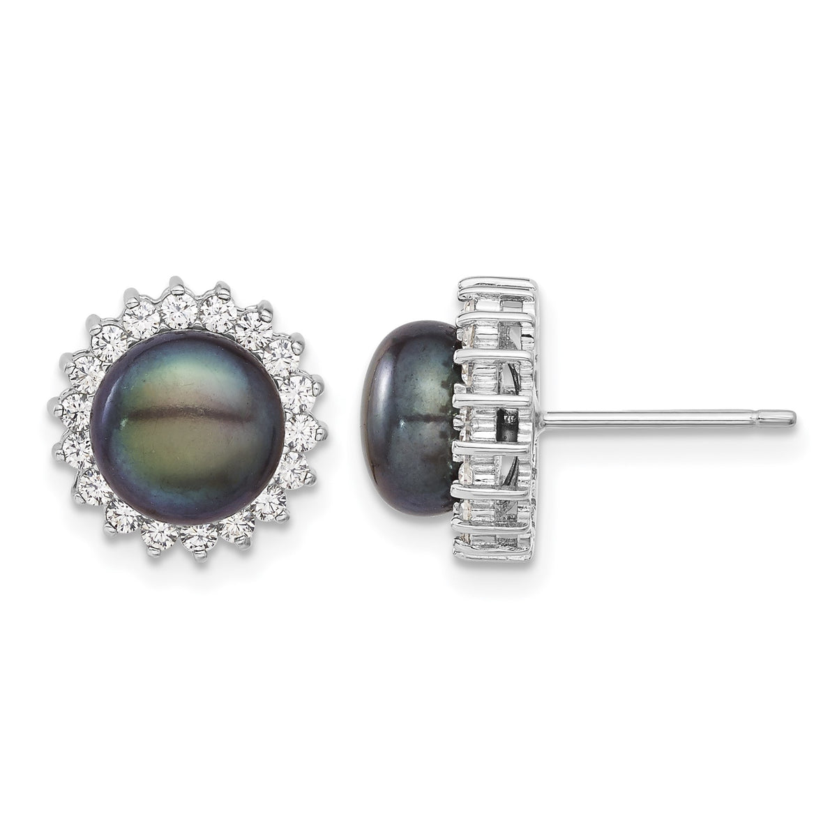Sterling Silver Rhodium-plated 8-9mm Black Button Freshwater Cultured Pearl and CZ 17 inch Necklace and Post Earrings Set