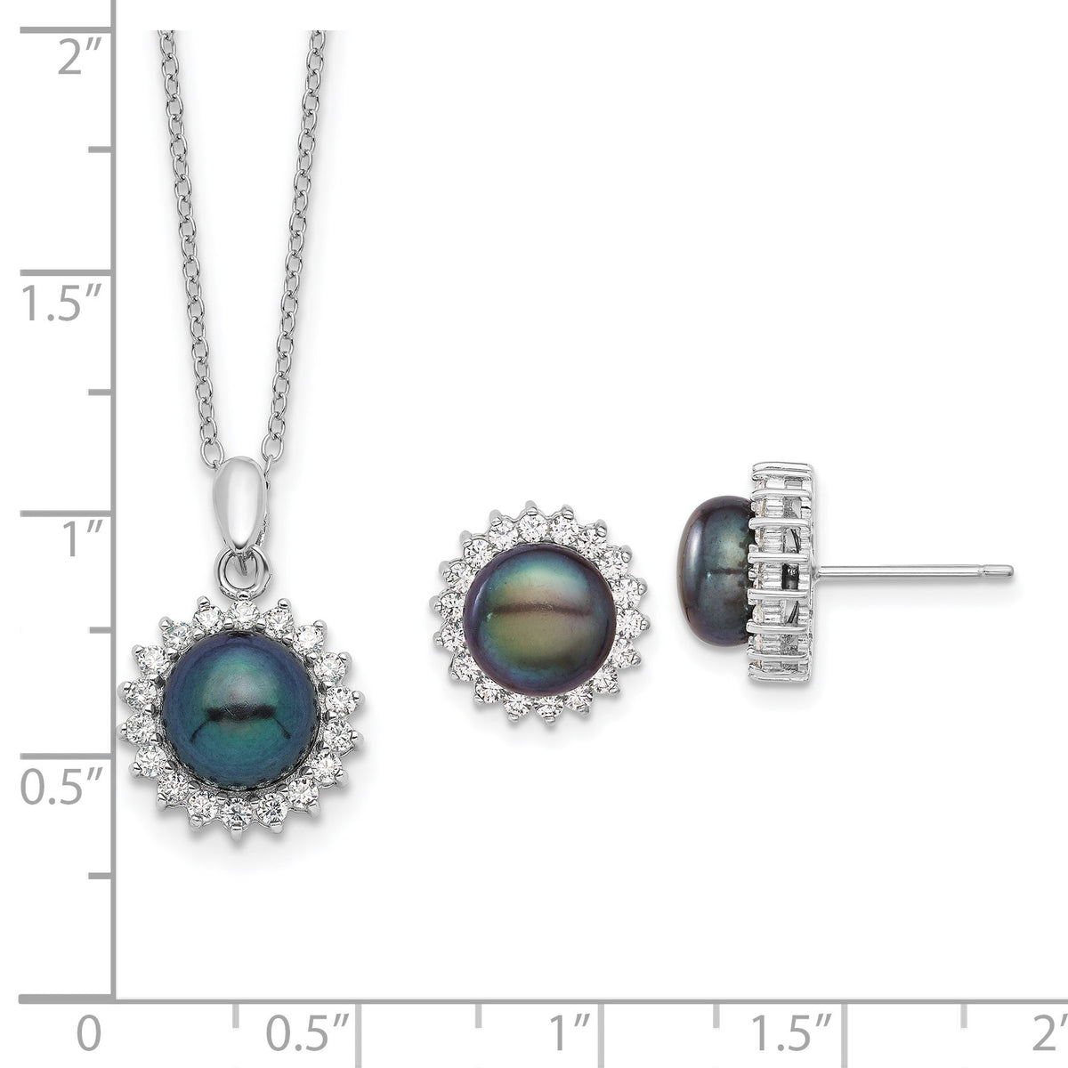 Sterling Silver Rhodium-plated 8-9mm Black Button Freshwater Cultured Pearl and CZ 17 inch Necklace and Post Earrings Set
