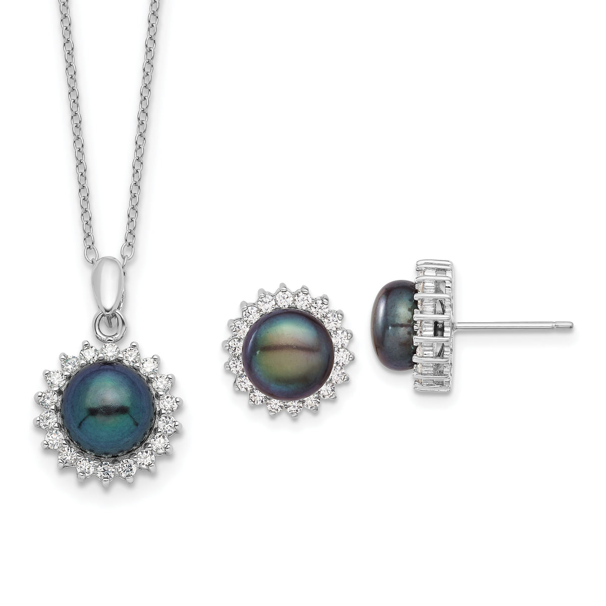 Sterling Silver Rhodium-plated 8-9mm Black Button Freshwater Cultured Pearl and CZ 17 inch Necklace and Post Earrings Set