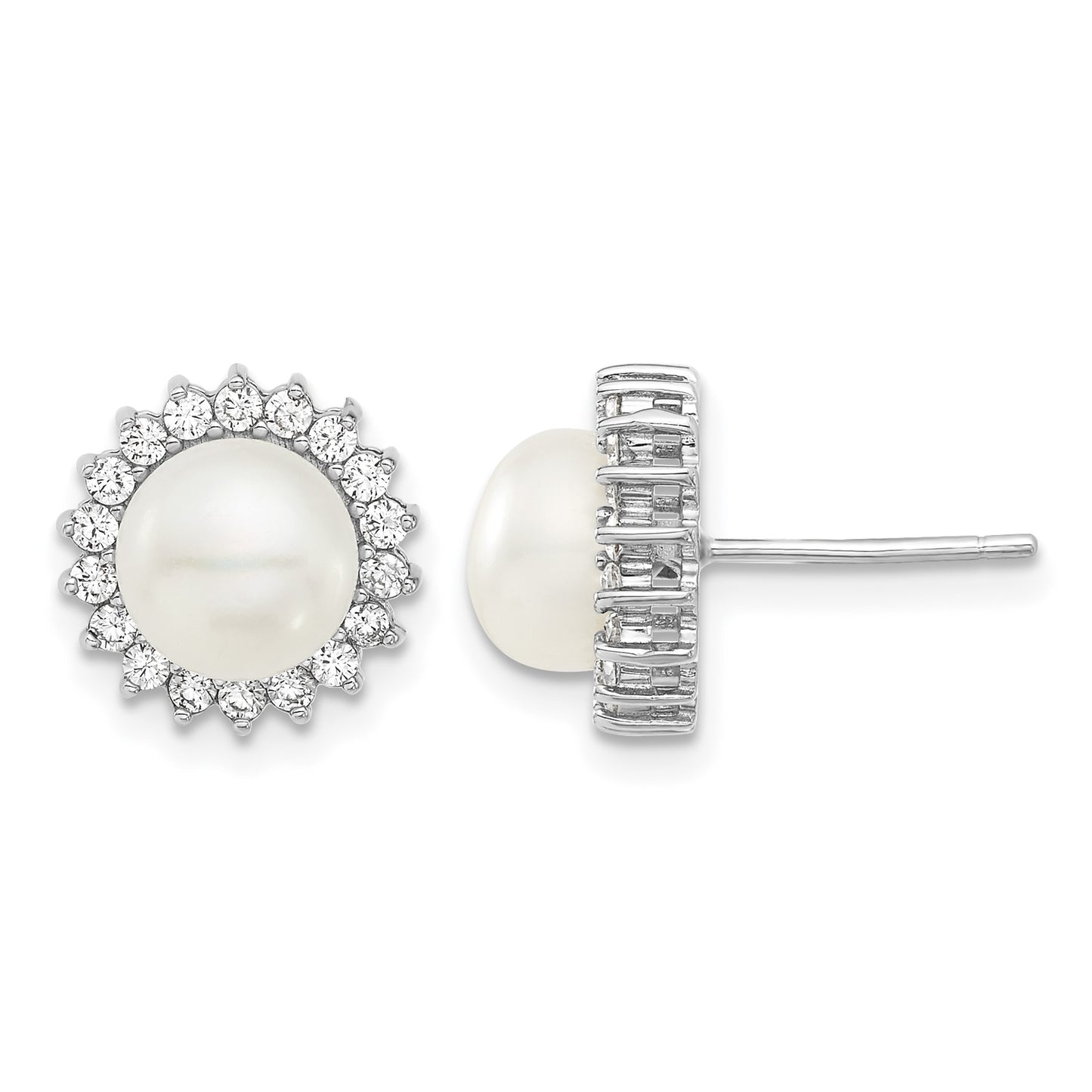 Sterling Silver Rhodium-plated 8-9mm White Button Freshwater Cultured Pearl and CZ 17 inch Necklace and Post Earrings Set