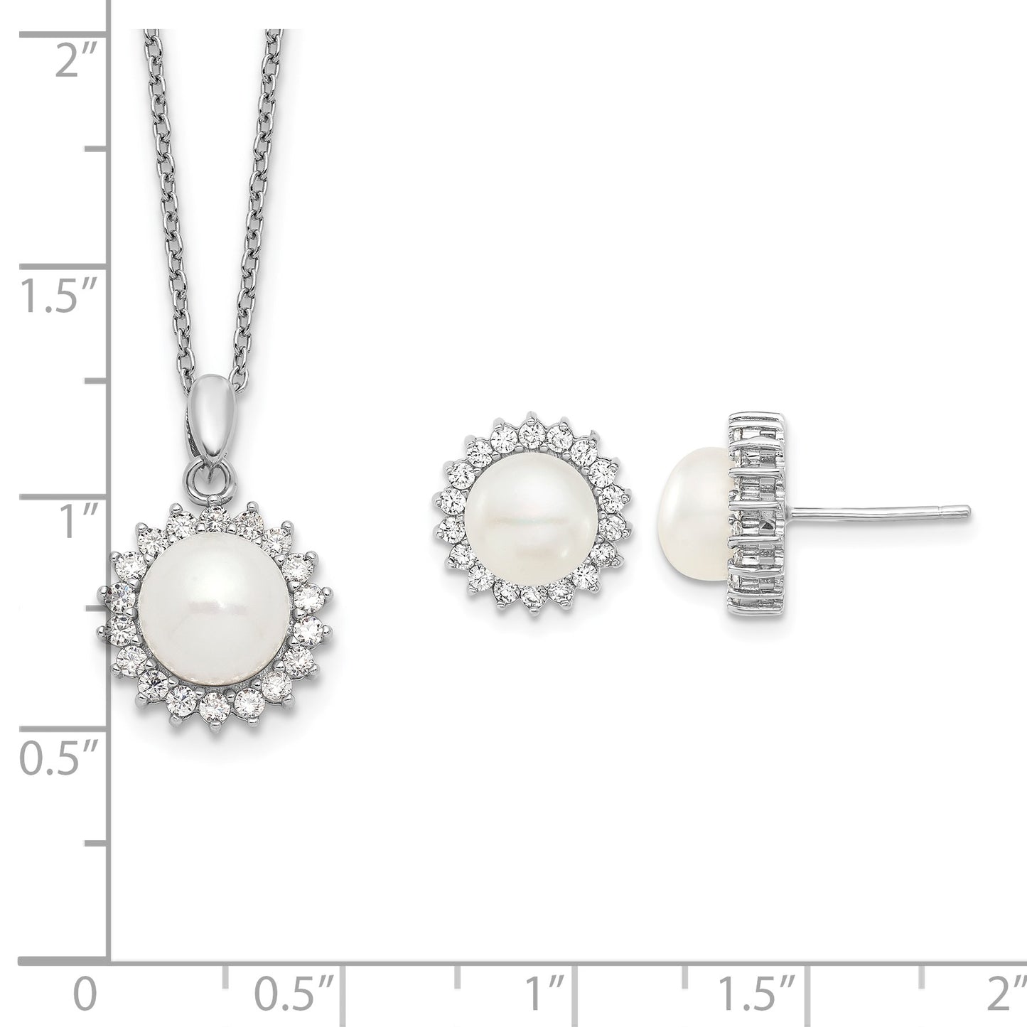 Sterling Silver Rhodium-plated 8-9mm White Button Freshwater Cultured Pearl and CZ 17 inch Necklace and Post Earrings Set