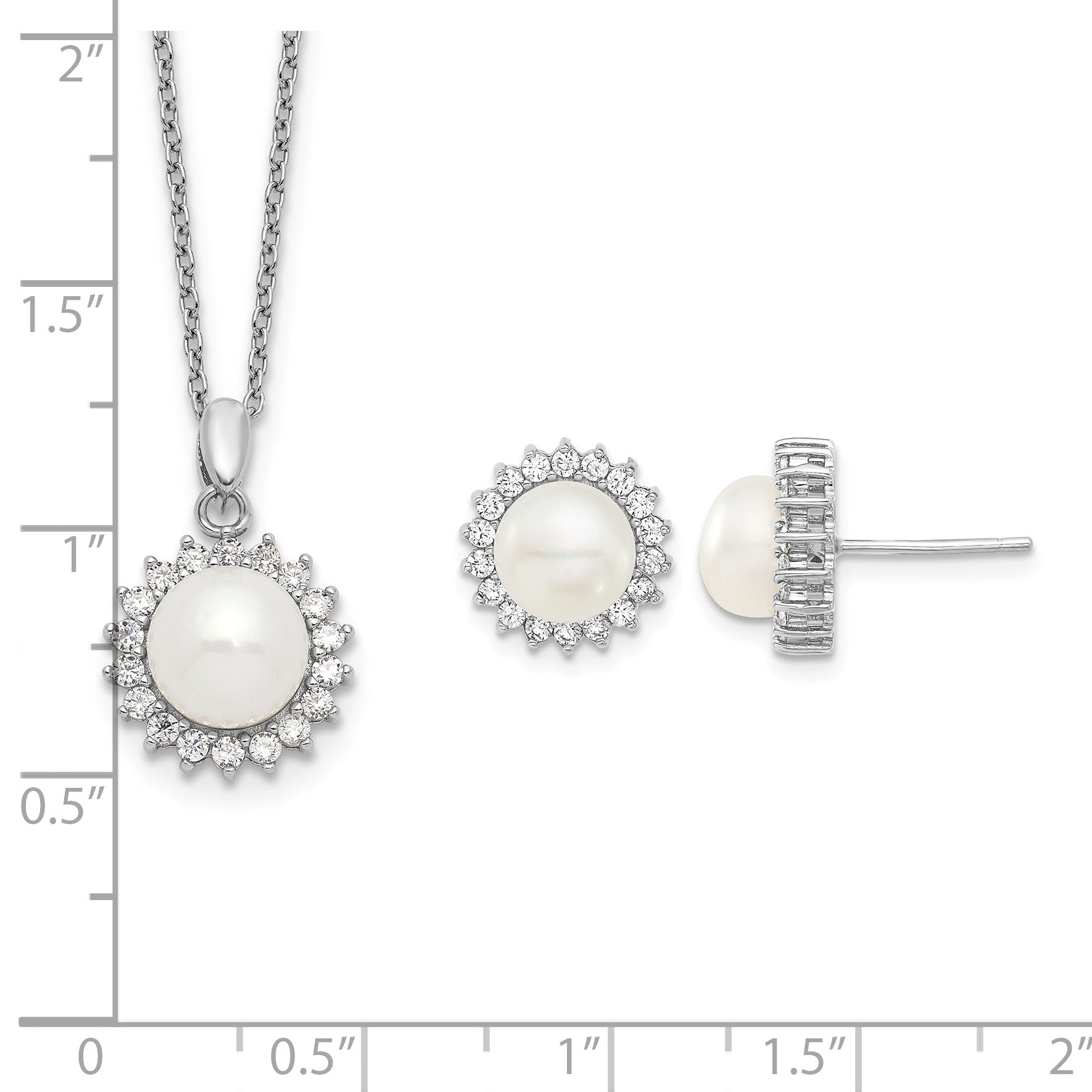 Sterling Silver Rhodium-plated 8-9mm White Button Freshwater Cultured Pearl and CZ 17 inch Necklace and Post Earrings Set