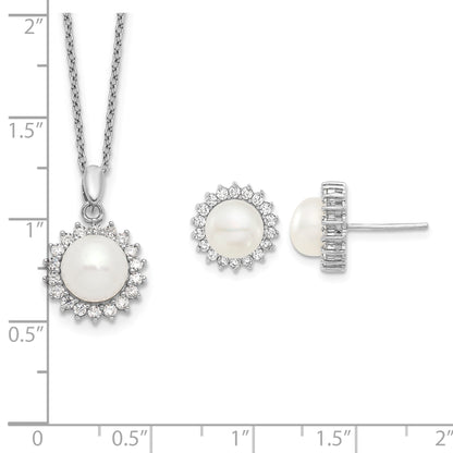 Sterling Silver Rhodium-plated 8-9mm White Button Freshwater Cultured Pearl and CZ 17 inch Necklace and Post Earrings Set
