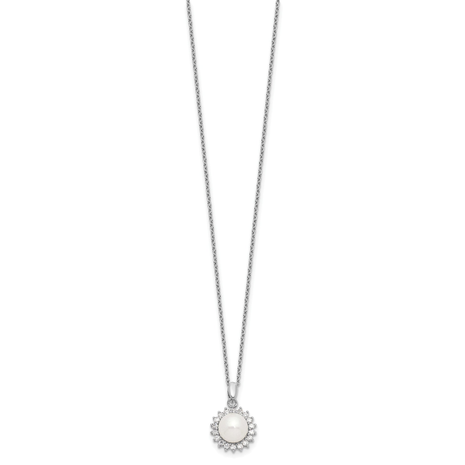 Sterling Silver Rhodium-plated 8-9mm White Button Freshwater Cultured Pearl and CZ 17 inch Necklace and Post Earrings Set