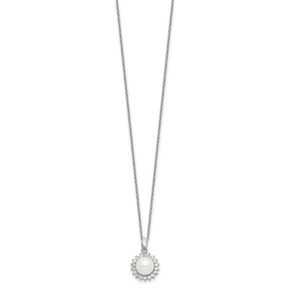 Sterling Silver Rhodium-plated 8-9mm White Button Freshwater Cultured Pearl and CZ 17 inch Necklace and Post Earrings Set