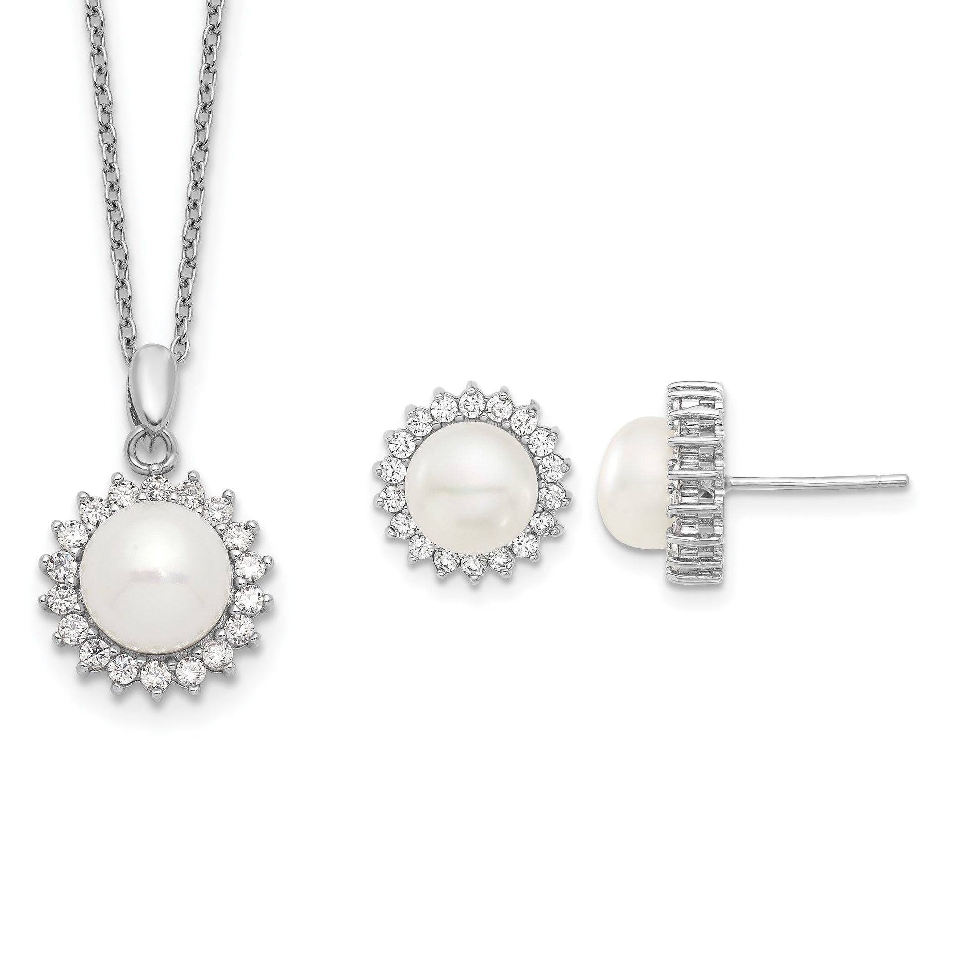 Sterling Silver Rhodium-plated 8-9mm White Button Freshwater Cultured Pearl and CZ 17 inch Necklace and Post Earrings Set