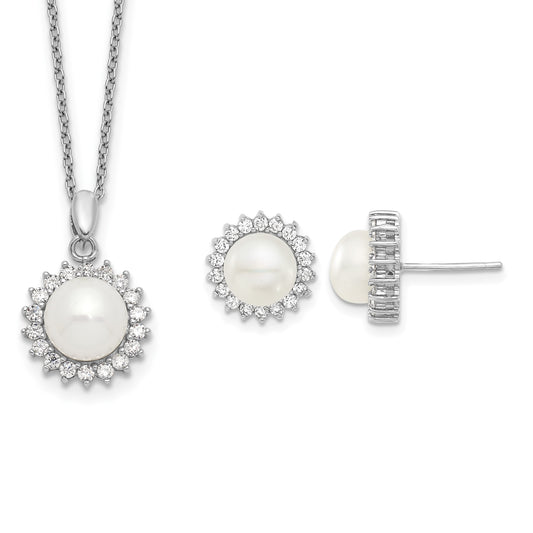 Sterling Silver Rhodium-plated 8-9mm White Button Freshwater Cultured Pearl and CZ 17 inch Necklace and Post Earrings Set