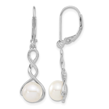 Sterling Silver Rhodium-plated 8-9mm White Button Freshwater Cultured Pearl 17 inch Necklace and Leverback Dangle Earrings Set