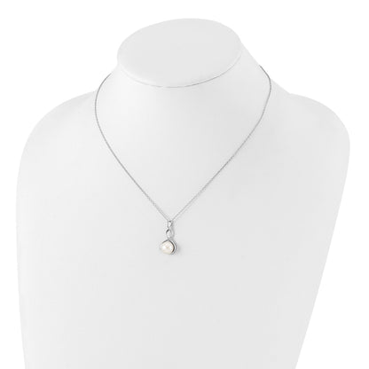 Sterling Silver Rhodium-plated 8-9mm White Button Freshwater Cultured Pearl 17 inch Necklace and Leverback Dangle Earrings Set