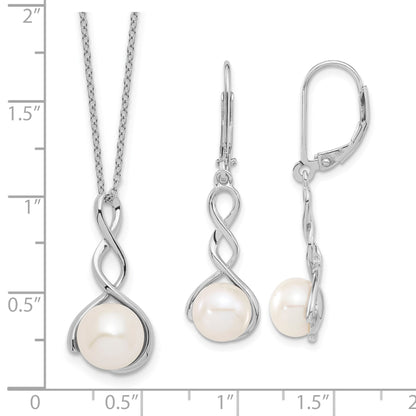 Sterling Silver Rhodium-plated 8-9mm White Button Freshwater Cultured Pearl 17 inch Necklace and Leverback Dangle Earrings Set