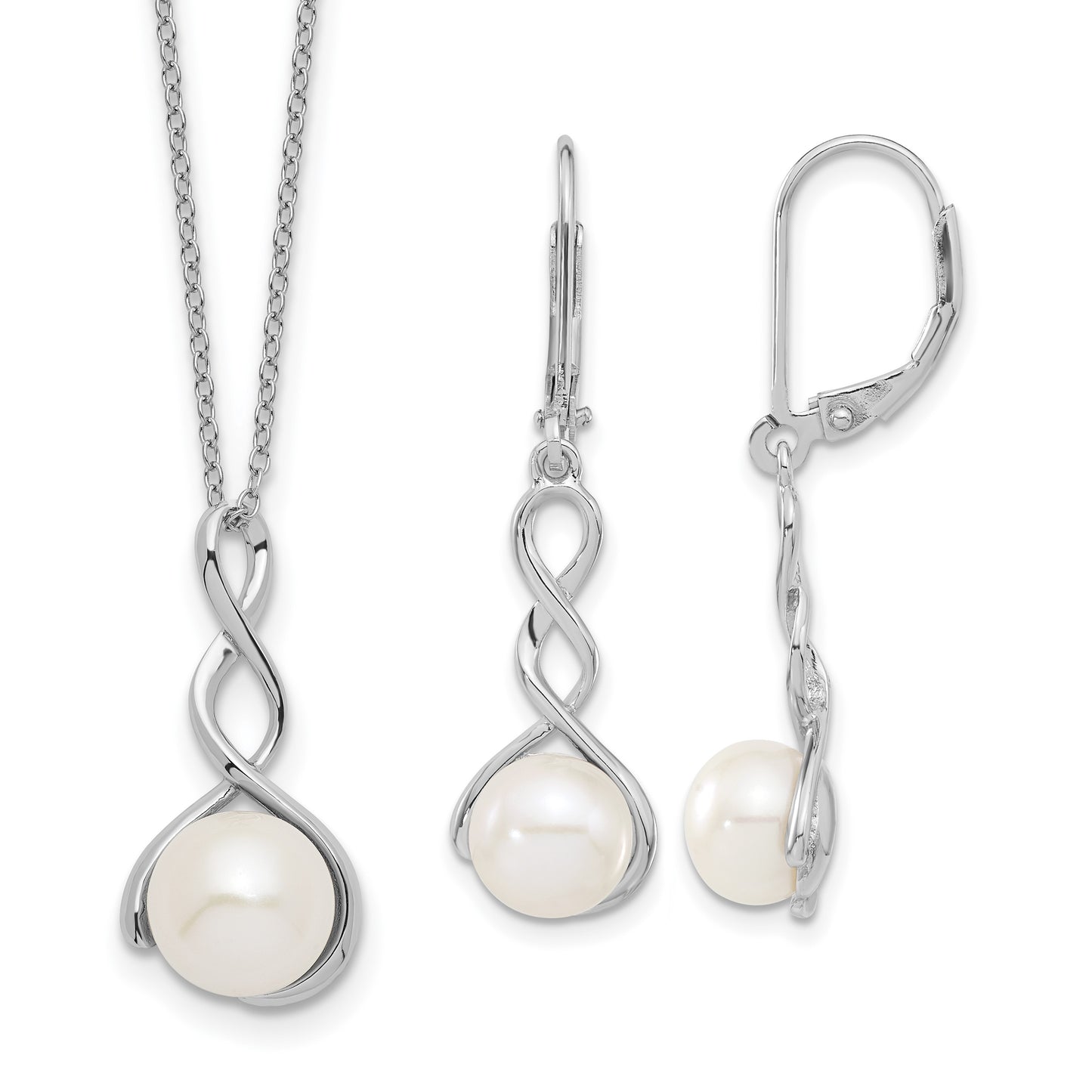Sterling Silver Rhodium-plated 8-9mm White Button Freshwater Cultured Pearl 17 inch Necklace and Leverback Dangle Earrings Set