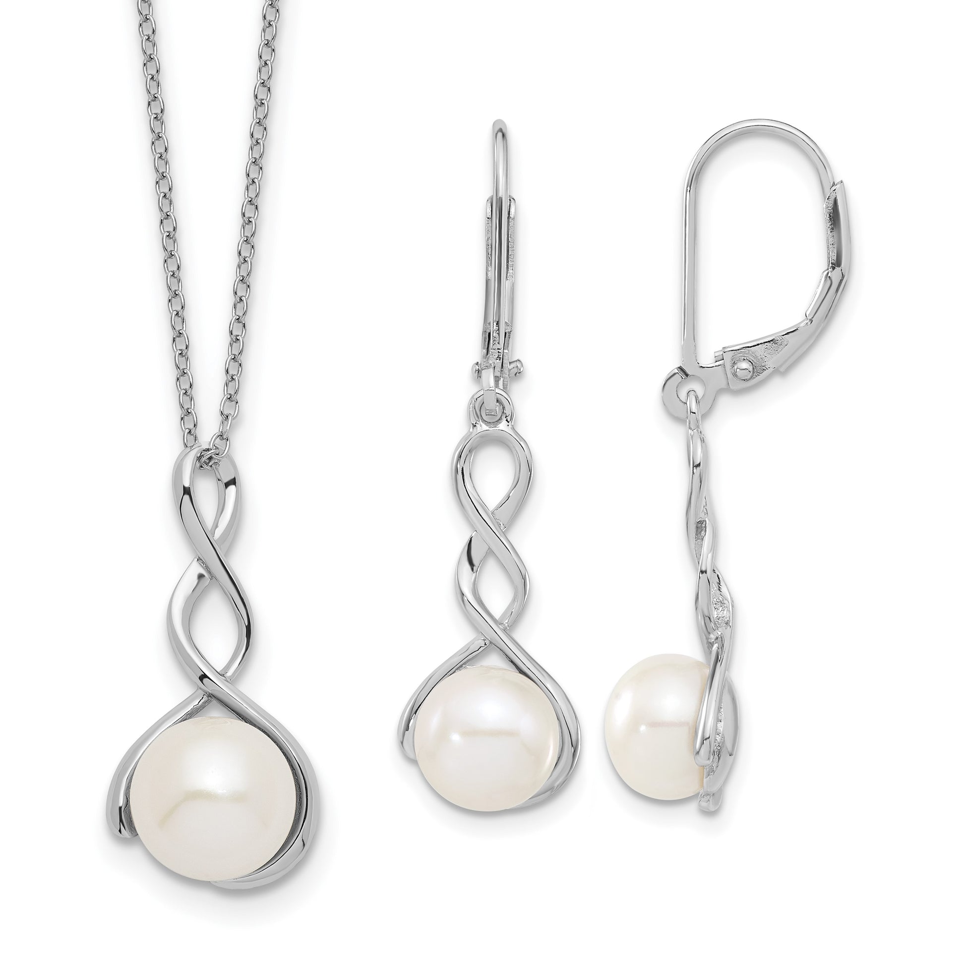 Sterling Silver Rhodium-plated 8-9mm White Button Freshwater Cultured Pearl 17 inch Necklace and Leverback Dangle Earrings Set