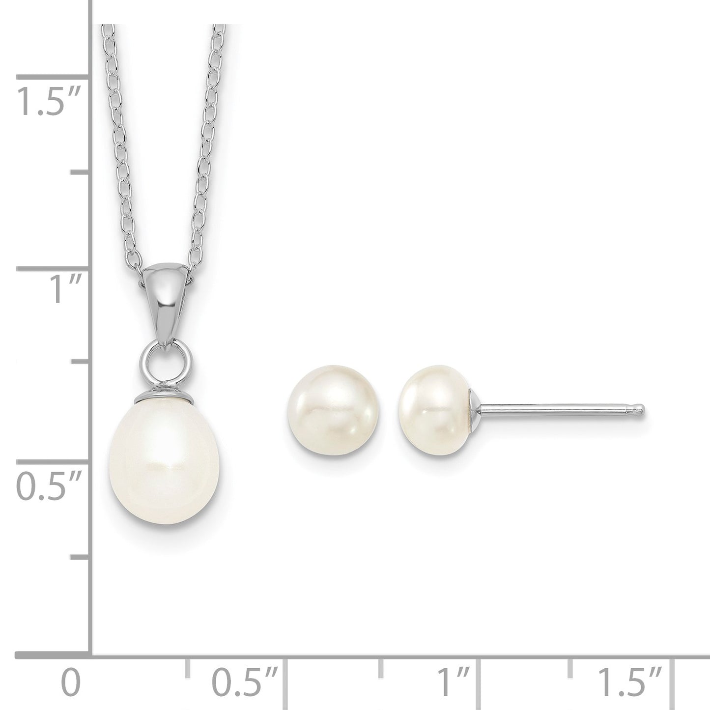 Sterling Silver Rhodium-plated 6-7mm White Teardrop Freshwater Cultured Pearl 17 inch Necklace and Button Post Earrings Set