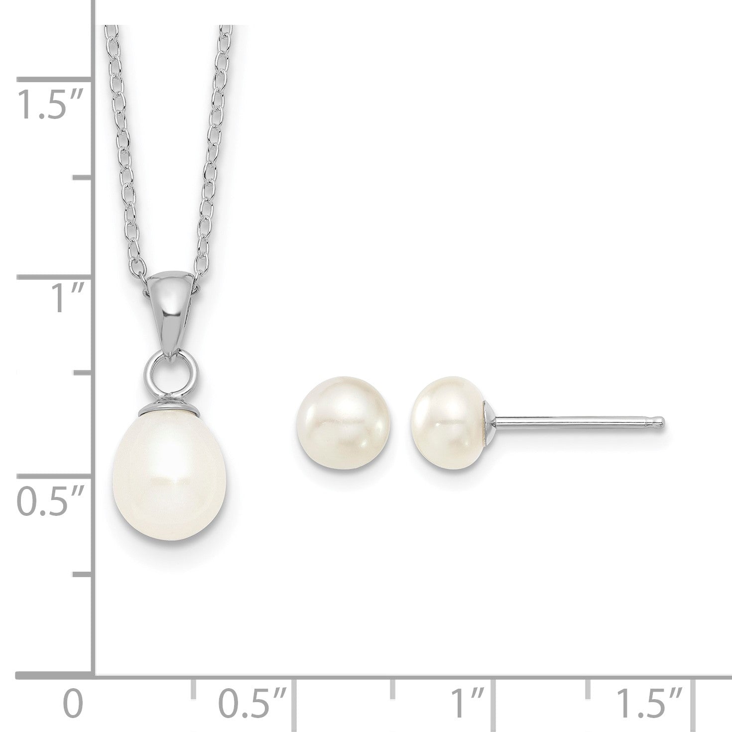 Sterling Silver Rhodium-plated 6-7mm White Teardrop Freshwater Cultured Pearl 17 inch Necklace and Button Post Earrings Set