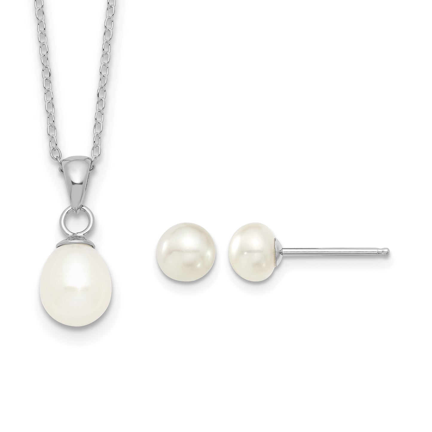Sterling Silver Rhodium-plated 6-7mm White Teardrop Freshwater Cultured Pearl 17 inch Necklace and Button Post Earrings Set