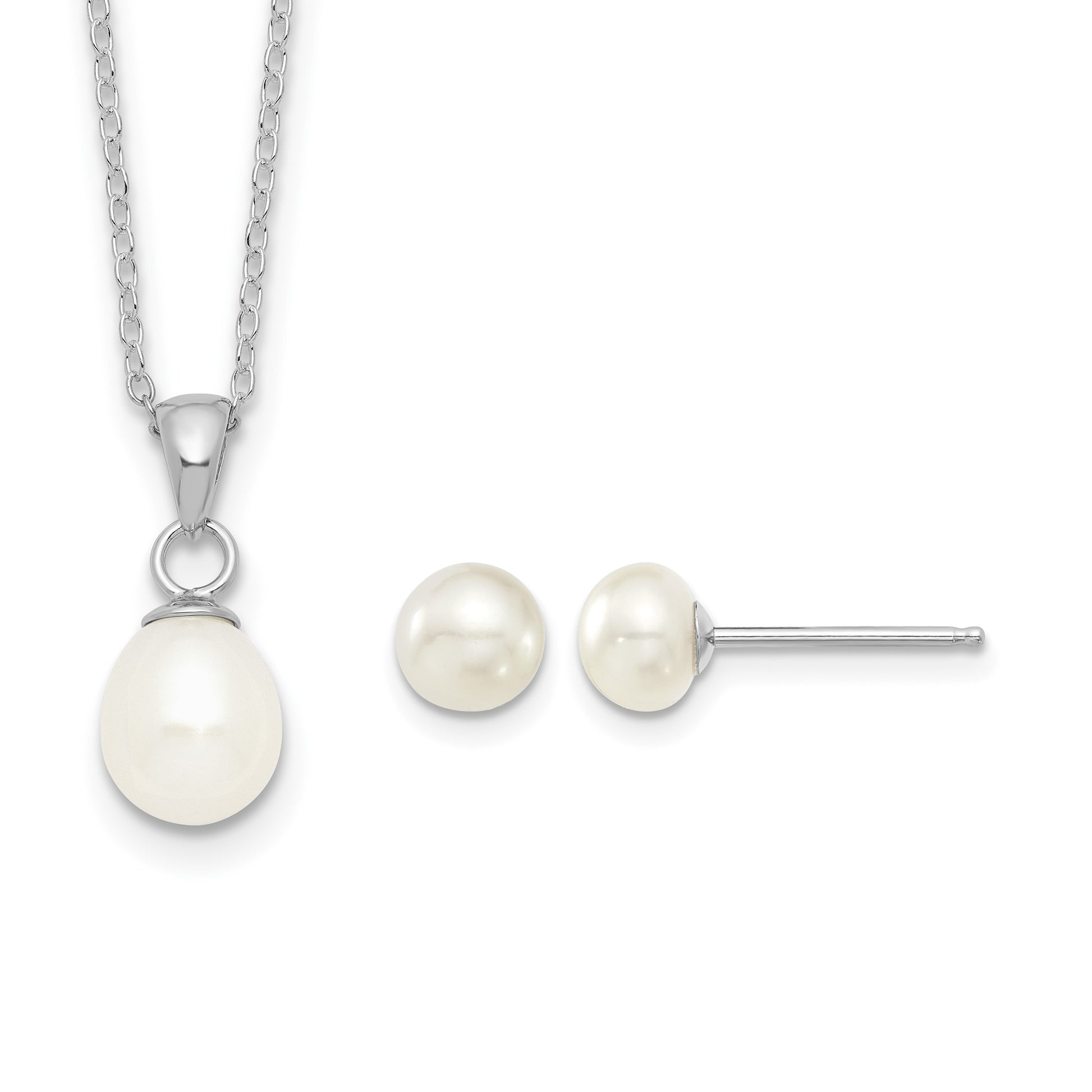 Sterling Silver Rhodium-plated 6-7mm White Teardrop Freshwater Cultured Pearl 17 inch Necklace and Button Post Earrings Set