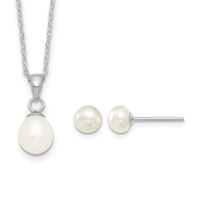 Sterling Silver Rhodium-plated 6-7mm White Teardrop Freshwater Cultured Pearl 17 inch Necklace and Button Post Earrings Set