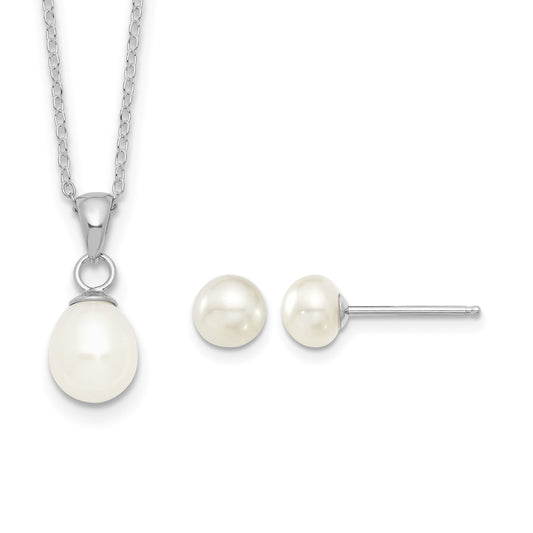 Sterling Silver Rhodium-plated 6-7mm White Teardrop Freshwater Cultured Pearl 17 inch Necklace and Button Post Earrings Set