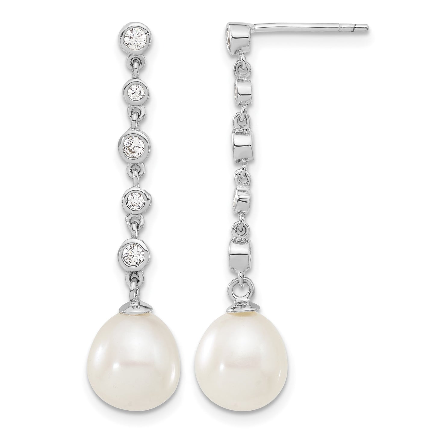 Sterling Silver Rhodium-plated 8-9mm White Teardrop Freshwater Cultured Pearl and CZ 17 inch Necklace and Post Dangle Earrings Set