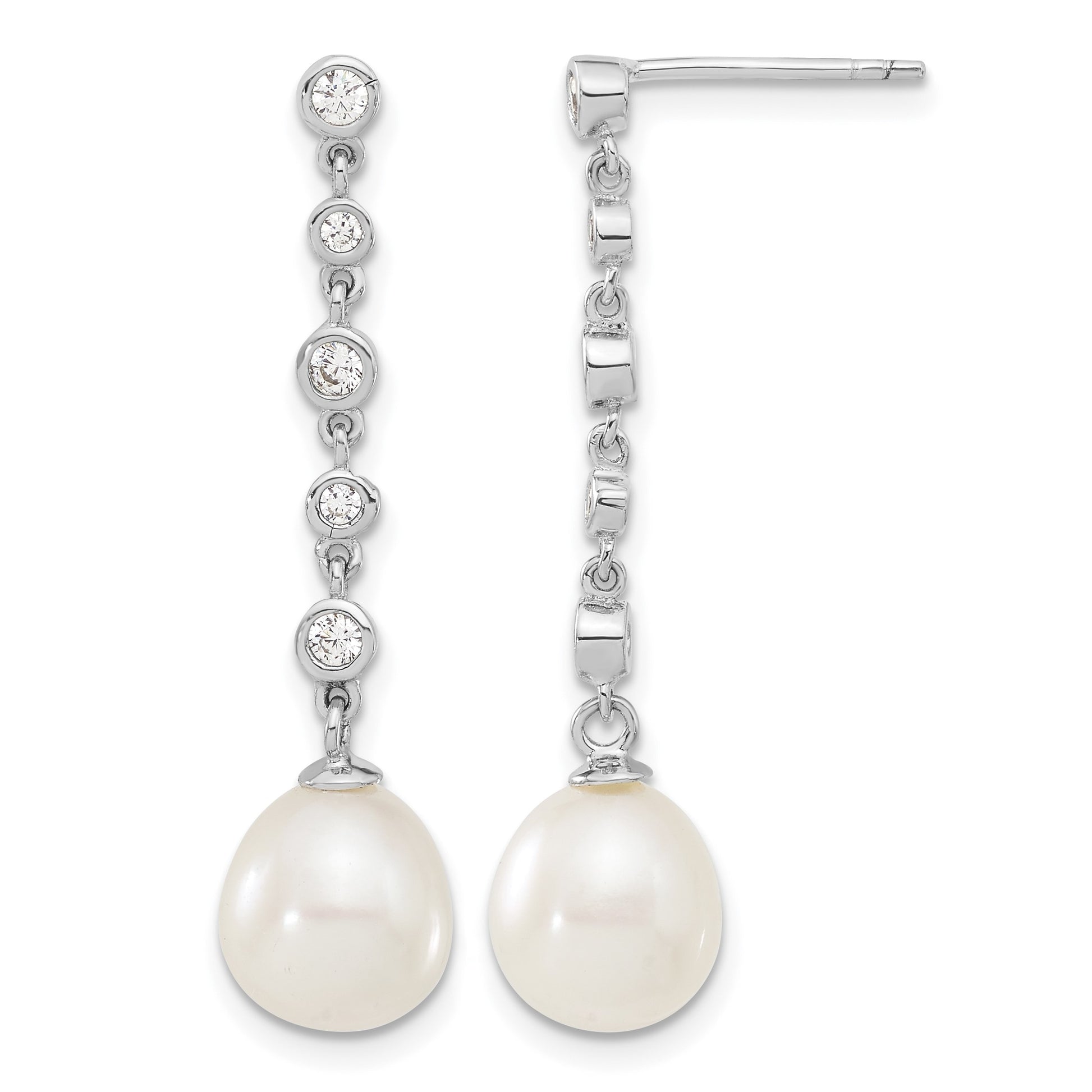 Sterling Silver Rhodium-plated 8-9mm White Teardrop Freshwater Cultured Pearl and CZ 17 inch Necklace and Post Dangle Earrings Set