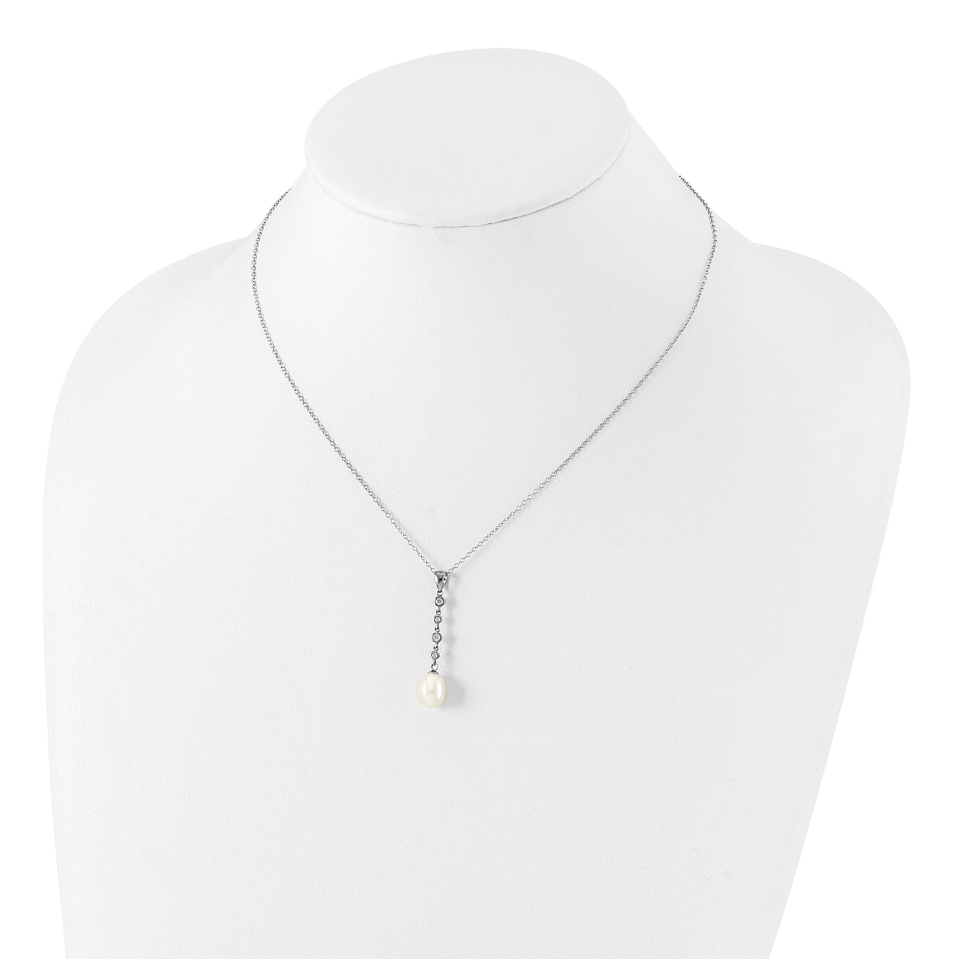 Sterling Silver Rhodium-plated 8-9mm White Teardrop Freshwater Cultured Pearl and CZ 17 inch Necklace and Post Dangle Earrings Set
