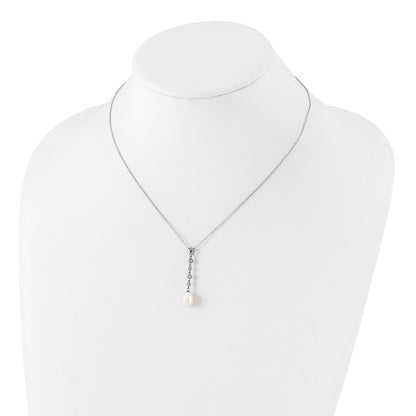 Sterling Silver Rhodium-plated 8-9mm White Teardrop Freshwater Cultured Pearl and CZ 17 inch Necklace and Post Dangle Earrings Set