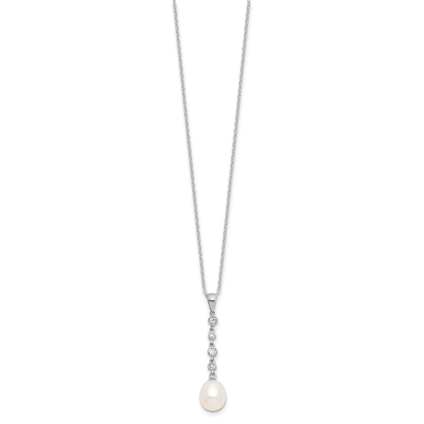 Sterling Silver Rhodium-plated 8-9mm White Teardrop Freshwater Cultured Pearl and CZ 17 inch Necklace and Post Dangle Earrings Set