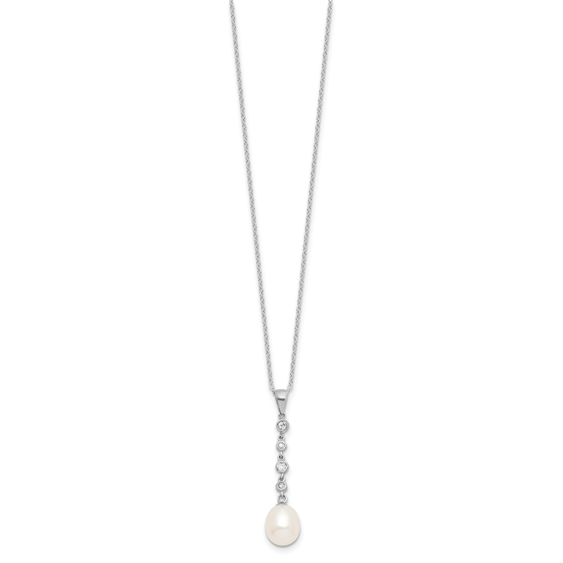 Sterling Silver Rhodium-plated 8-9mm White Teardrop Freshwater Cultured Pearl and CZ 17 inch Necklace and Post Dangle Earrings Set