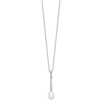 Sterling Silver Rhodium-plated 8-9mm White Teardrop Freshwater Cultured Pearl and CZ 17 inch Necklace and Post Dangle Earrings Set