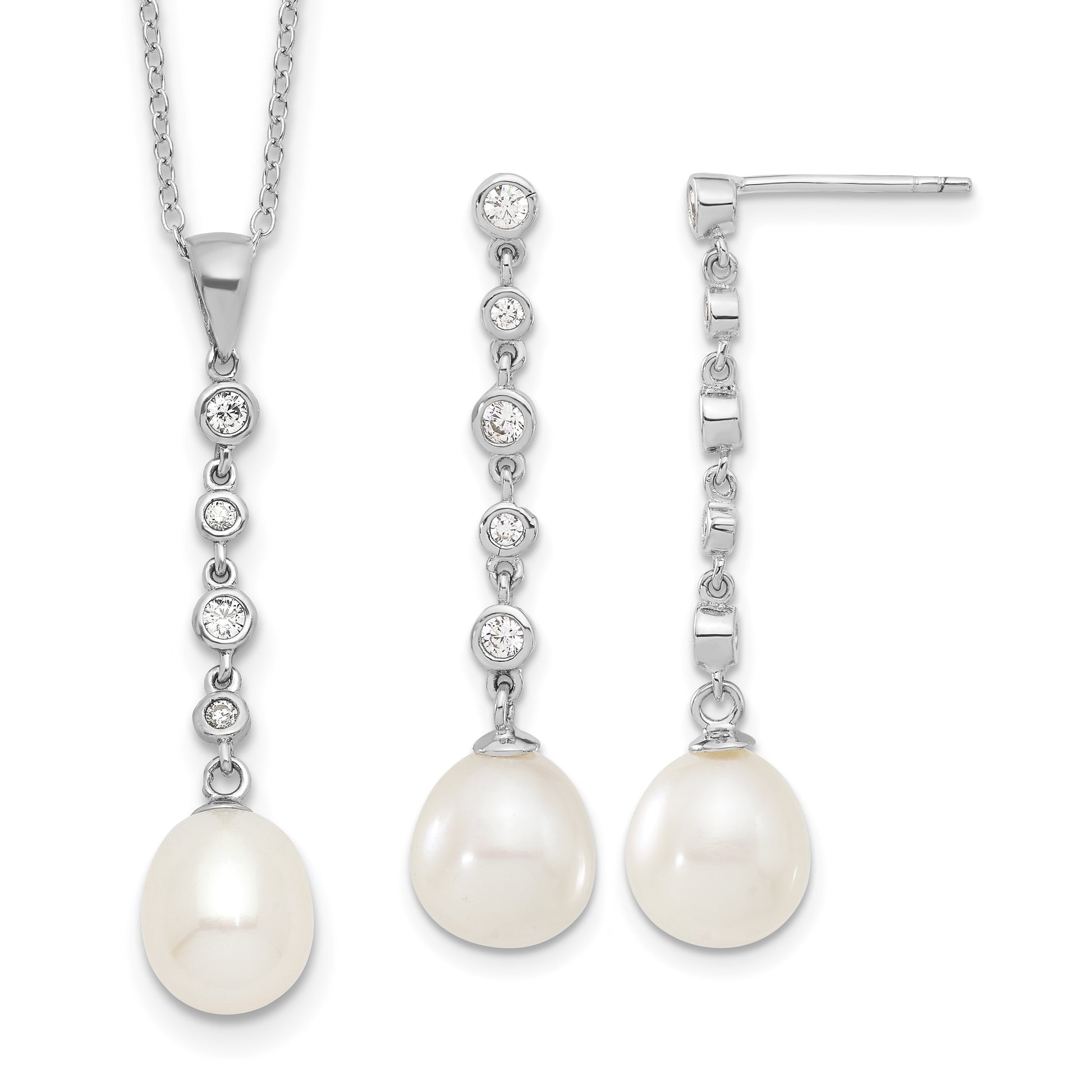 Sterling Silver Rhodium-plated 8-9mm White Teardrop Freshwater Cultured Pearl and CZ 17 inch Necklace and Post Dangle Earrings Set
