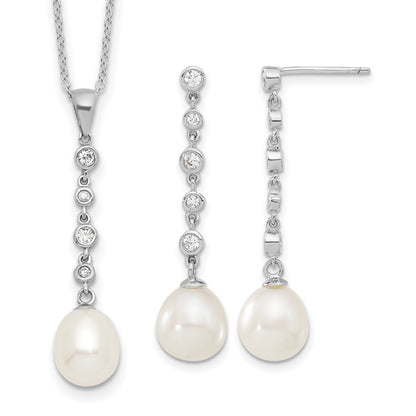 Sterling Silver Rhodium-plated 8-9mm White Teardrop Freshwater Cultured Pearl and CZ 17 inch Necklace and Post Dangle Earrings Set