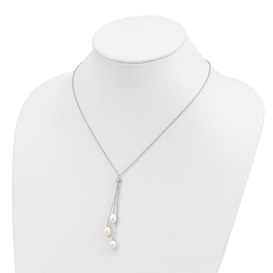 Sterling Silver Rhodium-plated 7-8mm White Teardrop Freshwater Cultured Pearl and CZ Drop 18 inch Necklace