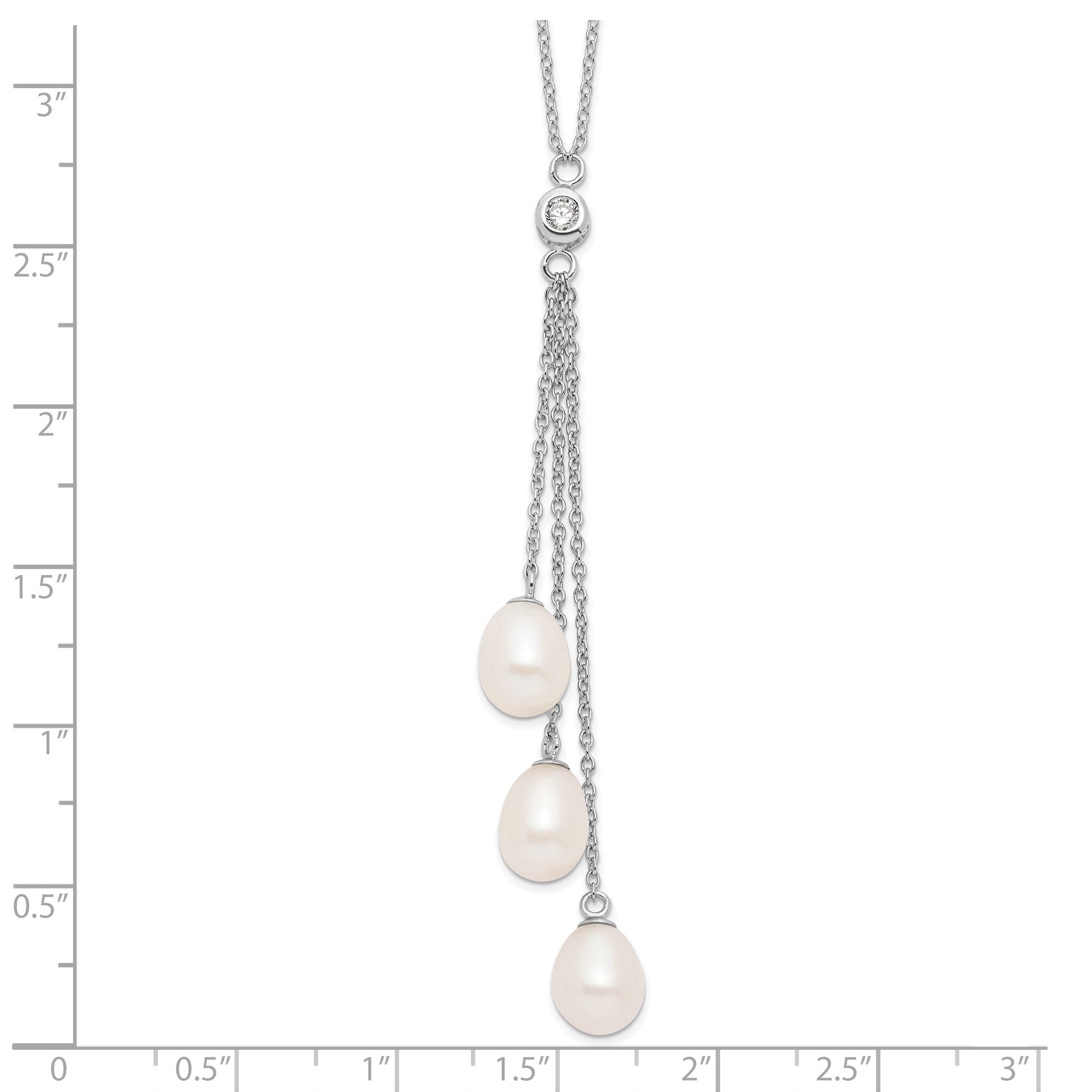 Sterling Silver Rhodium-plated 7-8mm White Teardrop Freshwater Cultured Pearl and CZ Drop 18 inch Necklace