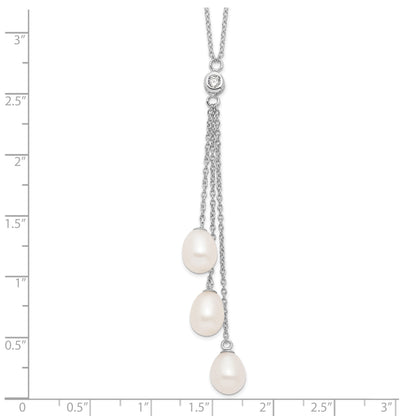 Sterling Silver Rhodium-plated 7-8mm White Teardrop Freshwater Cultured Pearl and CZ Drop 18 inch Necklace