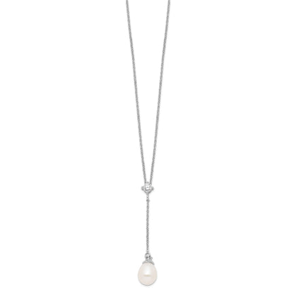 Sterling Silver Rhodium-plated 8-9mm White Teardrop Freshwater Cultured Pearl and CZ Drop 18 inch Necklace