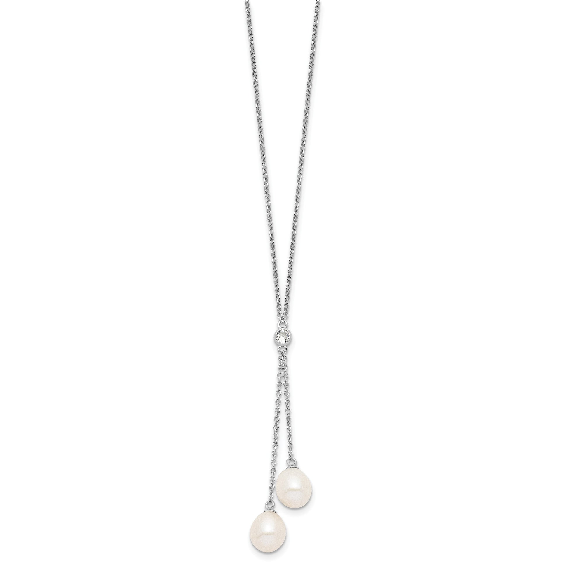 Sterling Silver Rhodium-plated 8-9mm White Rice Freshwater Cultured Pearl and CZ Dangle 18 inch Necklace