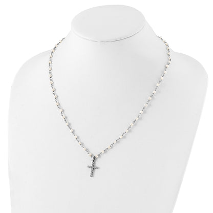 Sterling Silver Rhodium-plated 4-5mm White Near-Round Freshwater Cultured Pearl and CZ Cross 21 inch Necklace