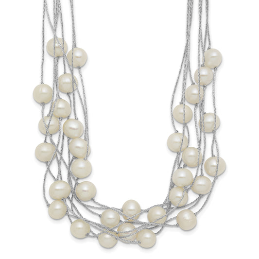 Sterling Silver Rhodium-plated 8-10mm White Semi-Round Freshwater Cultured Pearl Multi Strand 18 inch Necklace